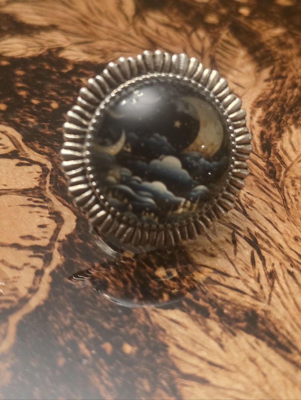 Celestial Glass Cabochon In Silver Tone Frame Adjustable Ring